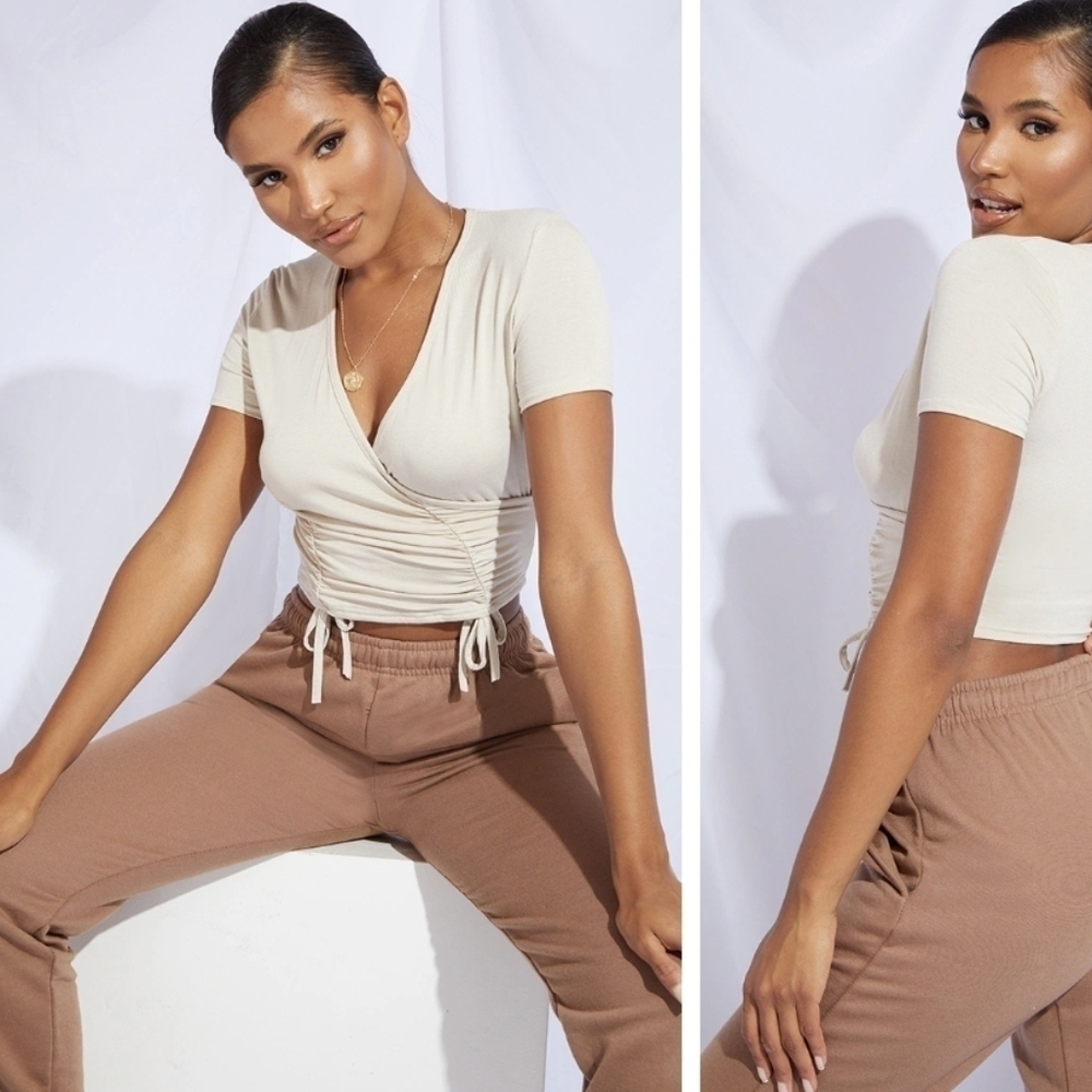 PrettyLittleThing Ruched Wrap Crop Top Cream NWT